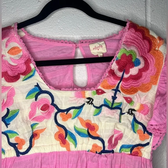 Anthropologie Plenty Tracy Reese Babydoll Top M Pink Boho Floral Embroidered - Picture 4 of 6